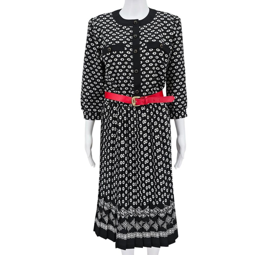 Vintage 70's Damask A-Line Pleated Midi Dress Black XL
